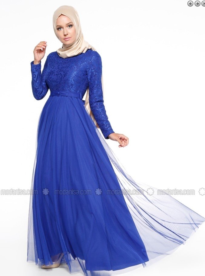 Dantelli Abiye Elbise - Saks - İroni