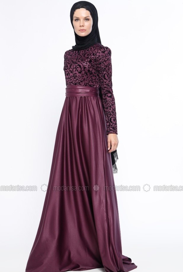 Flok Baskılı Abiye Elbise - Mürdüm - AYŞE MELEK TASARIM