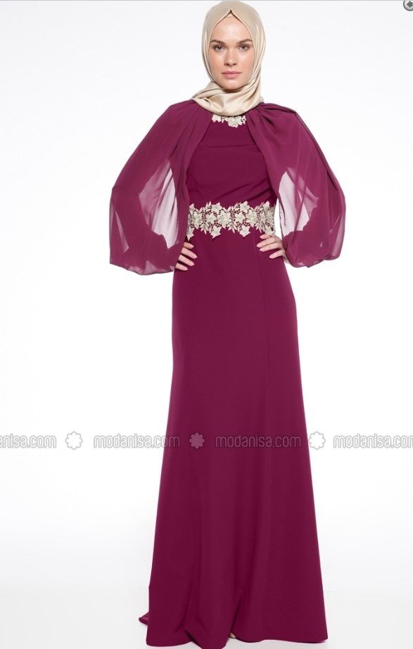 Güpür Süslemeli Abiye Elbise - Mürdüm - Mileny