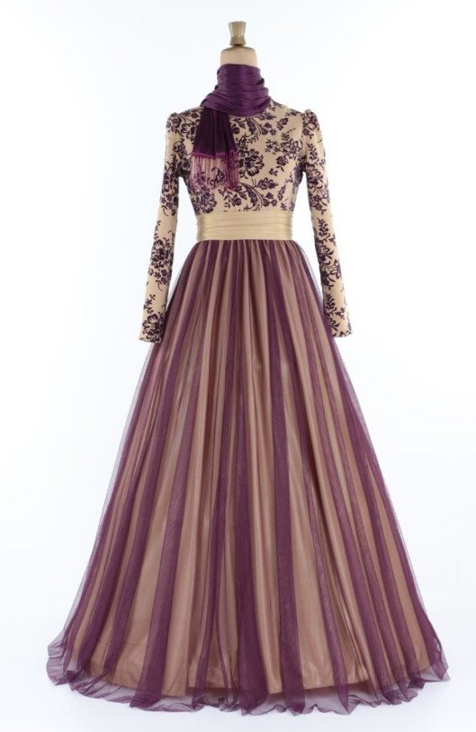 Kabarık Tesettür Abiye Elbise 1087 Mürdüm