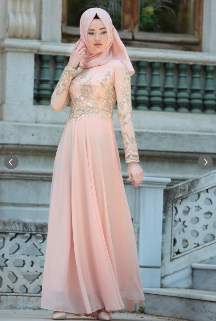 Tesettürlü Abiye Elbise - Üzeri Dantelli Somon Tesettür Abiye Elbise 